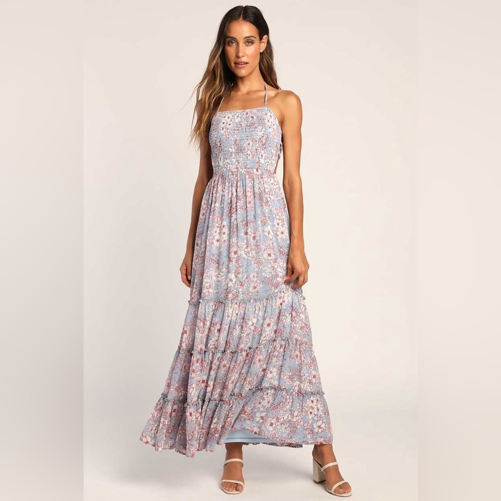 Lulu’s Best Botanicals Blue Floral Smocked Tiered Backless Maxi Dress - NWT!